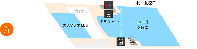 7階　大スタジオ(上部)、トイレ、多目的トイレ、ホール2階席