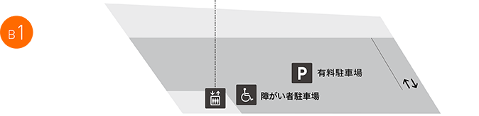 地下1階　有料駐車場、障がい者駐車場